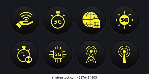 Set Digital speed meter 5G, network, Processor, Antenna, Globe Sim Card,  and  icon. Vector