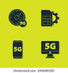Digitale Geschwindigkeitsmesser 5G einstellen, Monitor mit Netzwerk, Mobile und Sim-Karten-Einstellungssymbol. Vektorgrafik