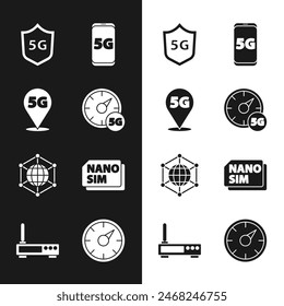 Digitaler Geschwindigkeitsmesser 5G, Standortnetzwerk, Schutzschild, Mobil mit, Social, Nano-Sim-Karte und Router und WLAN-Signal-Symbol. Vektorgrafik