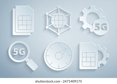 Set Digital speed meter 5G, Setting network, Search, Sim card setting, Social and  icon. Vector