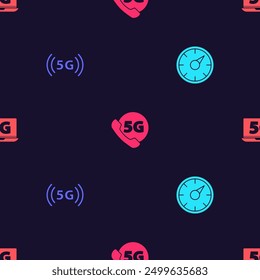 Establecer medidor de velocidad digital 5G, red, teléfono con y portátil en patrón transparente. Vector