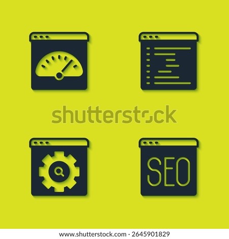 Set Digital speed meter, SEO optimization, Browser setting and window icon. Vector