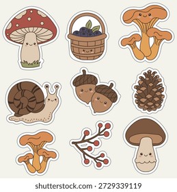 A set of digital stickers with white borders featuring cute woodland characters like mushrooms, a snail, and acorns for journals, planners, and scrapbooking.