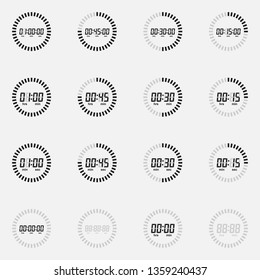 Set of digital stopwatch black and white vector icon.