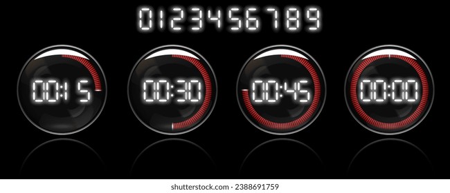 Set of digital stopwatches. Electronic timers. Isolated. Vector.