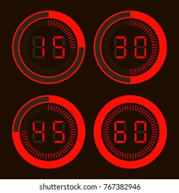 Set of digital stopwatches. Electronic timers. Isolated. Vector.