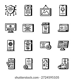 Conjunto de iconos de estilo de contorno de tecnología digital 