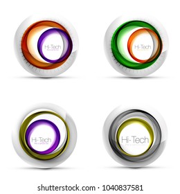 Set of digital techno spheres - web banners, buttons or icons with text. Glossy swirl color abstract circle design, hi-tech futuristic symbols with color rings and grey metallic element. Vector