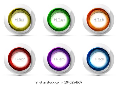 Conjunto de esferas tecnológicas digitales - banners web, botones o iconos con texto. Diseño de círculo abstracto de color giratorio brillante, símbolos futuristas de alta tecnología con anillos de color y elementos metálicos grises. Vector