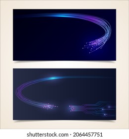 A set of digital technology banners. Optical fiber of digital information. Vector illustration of optical rays with a stream of information on a blue background.