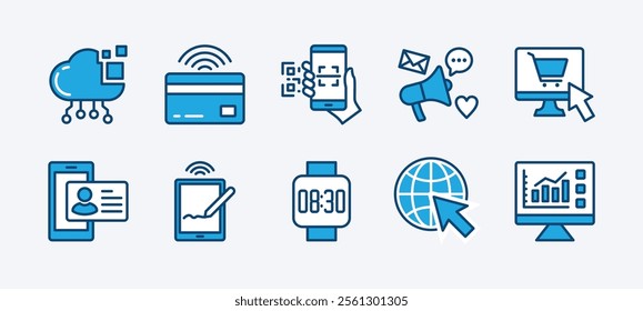 Set of digital technology icon vector. Containing cloud computing, near field communication, scan barcode, social media, online shop, data analytics, network, smartwatch, personal data information