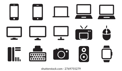 Set of digital technology icons. Includes smartphones, laptops, monitors, printers, and wearables. Vector art.