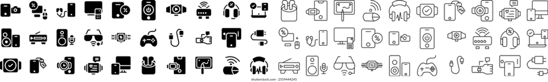 Set of digital technology icons including smart devices, gadgets, audio equipment, wearables, gaming controllers, cables, and cameras. Solid and outline style, ideal for tech designs.