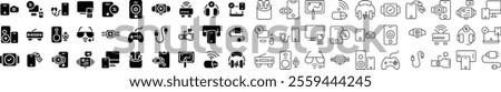 Set of digital technology icons including smart devices, gadgets, audio equipment, wearables, gaming controllers, cables, and cameras. Solid and outline style, ideal for tech designs.