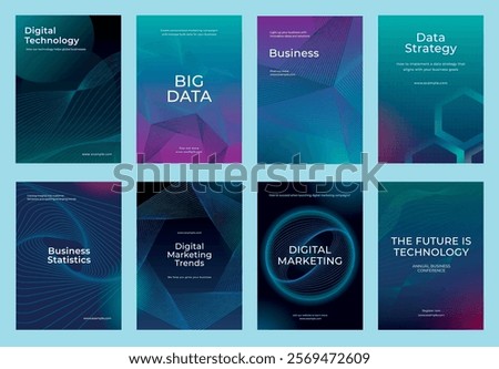 Set of digital technology posters with abstract designs. Includes themes like big data, business, and marketing. Vibrant colors and modern layouts. Digital business and big data template vector set.