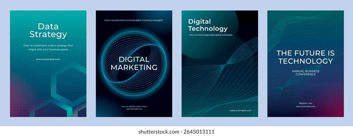 Set of digital technology posters. Digital marketing, data strategy, and technology themes. Modern design for business and technology events. Digital business and big data template vector set.