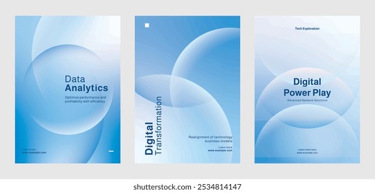 Set of digital technology-themed posters, showcasing digital data analytics, and innovation. Set of poster templates in blue with digital technology and data security. Poster template vector set.