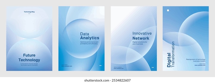 Set of digital technology-themed posters, showcasing digital data analytics, and innovation. Set of poster templates in blue with digital technology and data security. Poster template vector set.