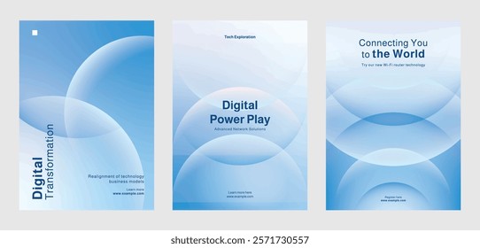 Set of digital technology-themed posters, showcasing digital data analytics, and innovation. Set of poster templates in blue with digital technology and data security. Poster template vector set.
