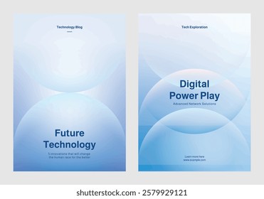 Set of digital technology-themed posters, showcasing digital data analytics, and innovation. Set of poster templates in blue with digital technology and data security. Poster template vector set.