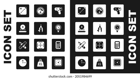 Digitales Thermometer, Zeichenkompass, Durchmesser, Diagonalmessung, Druckwasser, Geschwindigkeitsmesser, Rechner und Crossed Lineal- und Bleistift-Symbol einstellen. Vektorgrafik