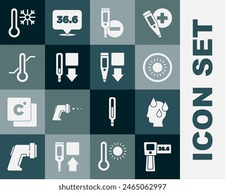 Set Digital thermometer, High human body temperature, Sun, Medical, Meteorology, Thermometer with snowflake and  icon. Vector