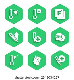 Set Termómetro digital, alta temperatura del cuerpo humano, médico, meteorología, Farenheit e icono. Vector