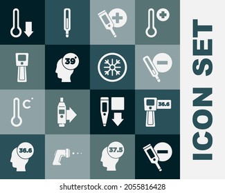 Set Digital thermometer, Medical, High human body temperature, Meteorology and Snowflake icon. Vector