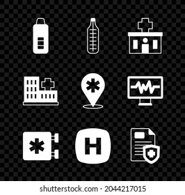 Set Digital thermometer, Medical, Hospital building, Emergency - Star of Life, signboard, Patient record,  and Location hospital icon. Vector