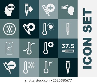 Set Digitales Thermometer, Medical, Schneeflocke, Hohe Körpertemperatur und Meteorologie-Symbol. Vektorgrafik