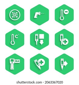 Set Digital thermometer, Meteorology,  and Snowflake icon. Vector