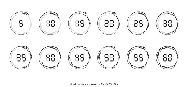 A set of digital timer icons with arrows. For five, ten, fifteen minutes, etc. Stopwatches.