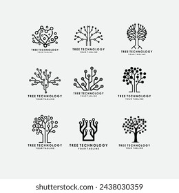 set Digital Tree logo, Brain and tree design concept for education learning and technology business company.