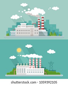Set digital vector blue factory pollution icons with drawn simple line art info graphic, presentation with plant, smoke, environment and energy elements around promo template, flat style illustration
