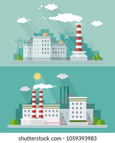 Set digital vector blue factory pollution icons with drawn simple line art info graphic, presentation with plant, smoke, environment and energy elements around promo template, flat style illustration