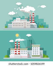 Set digital vector blue factory pollution icons with drawn simple line art info graphic, presentation with plant, smoke, environment and energy elements around promo template, flat style illustration