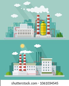 Set digital vector blue factory pollution icons with drawn simple line art info graphic, presentation with plant, smoke, environment and energy elements around promo template, flat style illustration