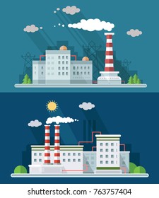 Set digital vector blue factory pollution icons with drawn simple line art info graphic, presentation with plant, smoke, environment and energy elements around promo template, flat style illustration