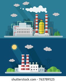 Set digital vector blue factory pollution icons with drawn simple line art info graphic, presentation with plant, smoke, environment and energy elements around promo template, flat style illustration