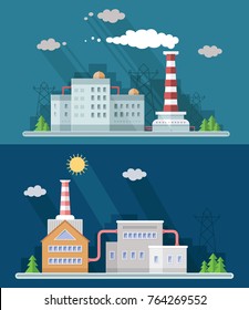 Set digital vector blue factory pollution icons with drawn simple line art info graphic, presentation with plant, smoke, environment and energy elements around promo template, flat style illustration