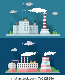 Set digital vector blue factory pollution icons with drawn simple line art info graphic, presentation with plant, smoke, environment and energy elements around promo template, flat style illustration