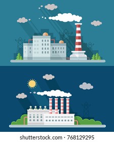 Set digital vector blue factory pollution icons with drawn simple line art info graphic, presentation with plant, smoke, environment and energy elements around promo template, flat style illustration