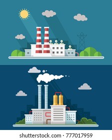 Set digital vector blue factory pollution icons with drawn simple line art info graphic, presentation with plant, smoke, environment and energy elements around promo template, flat style illustration