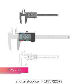 A set of digital vernier calipers with a display and a numeric scale. Realistic, lines and solid color design. Tools for technical specialists. Flat vector illustration.