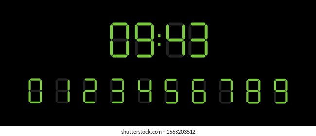 set of digital watch numbers on black background in flat