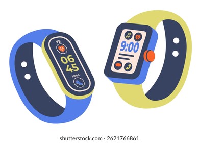 Conjunto de ícones de relógios digitais. Relógio inteligente isolado. Dispositivo de pulso digital elegante para uso diário, controle de saúde, conectividade móvel.  Vista superior do relógio inteligente. Relógio digital com ícones App. Vetor 