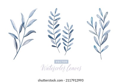 Set of digital watercolor painting branches with blue leaves 2.