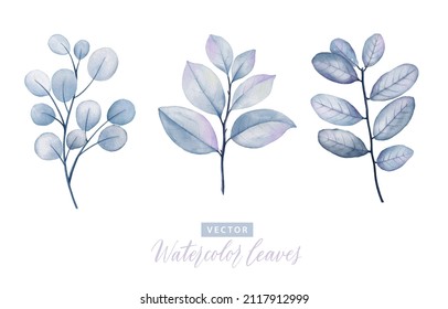 Set of digital watercolor painting branches with blue leaves 1.