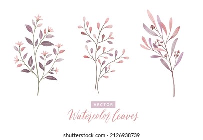Set of digital watercolor painting branches with pink leaves 2.