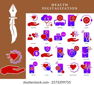 Set of digitalization health icons. with gradient and red colors, ideal for health apps, medical websites, educational presentations, or health technology promotional materials.